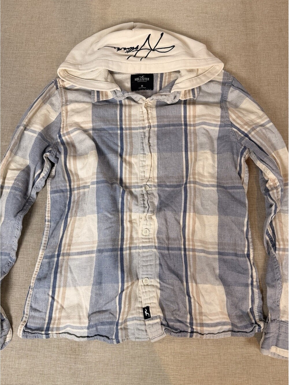 Hollister BUTTON DOWN Men's Sz M Navy Blue Plaid Hooded Button Down Cotton Shirt